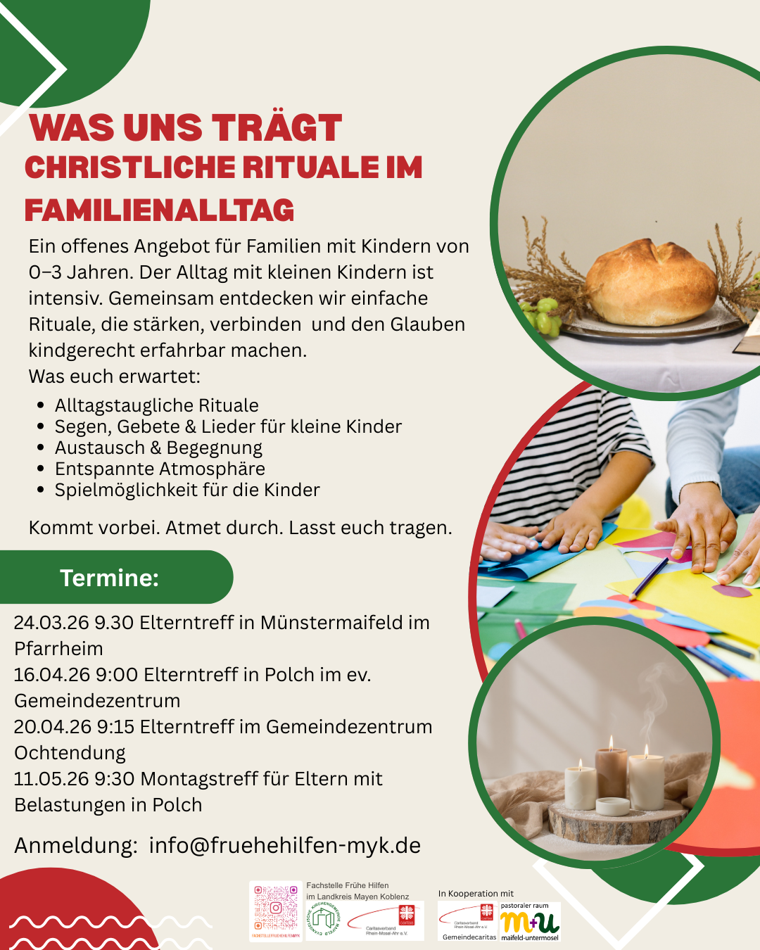 Man sieht ein Plakat am rechten Rand Bilder eines Brotes, Kindern, die basteln und brennende Kerzen auf einem Tablett, links sind die verschiedenen Angebote für Kinder in der Pfarrei Maifeld aufgelistet (c) Katholische Kirchengemeinde Maifeld und Frühe Hilfen des Landkreises Mayen-Koblenz Man sieht ein Plakat am rechten Rand Bilder eines Brotes, Kindern, die basteln und brennende Kerzen auf einem Tablett, links sind die verschiedenen Angebote für Kinder in der Pfarrei Maifeld aufgelistet