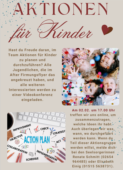 Rote Schrift auf grauem Hintergrund, rechts Bild mit lachenden Kindern in Konfetti liegend, links unten ein Bild mit der Aufschrift 'Action Plan'