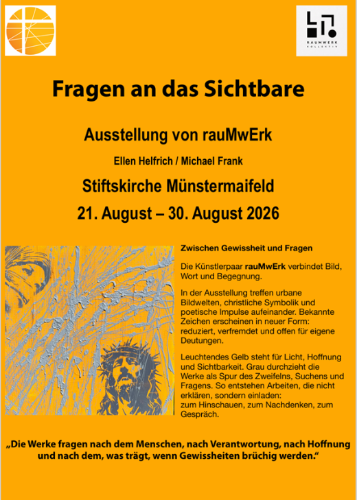 Man sieht auf gelbem Grund die Einladung zur Ausstellung des Künstlerpaares raumWerk in der Kirche in Münstermaifeld im August 2026