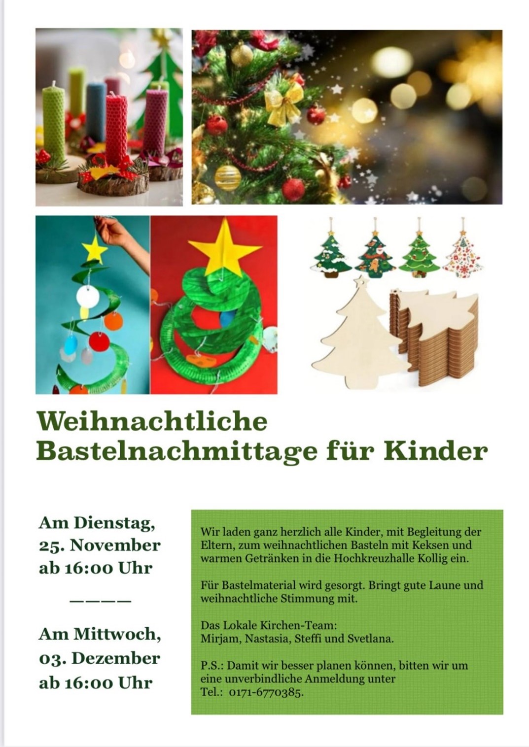 Man sieht eine bunt gestaltete Seite mit der Einladung in die Hochkreuzhalle nach Kollig zum Bastelnachmittag für Kinder am 25.11.2025
