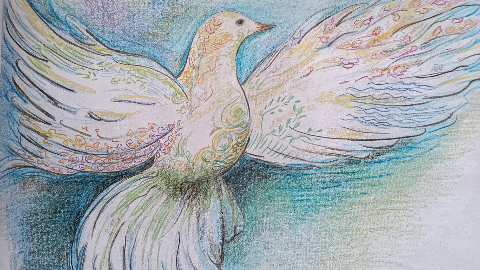 Man sieht eine handgezeichnete Taube, die die Flügel ausbreitet, zart bunt von Blautönen umgeben