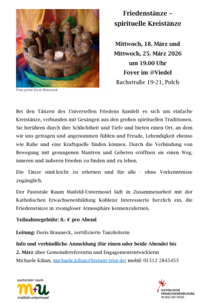 Man sieht rechts ein Bild von einem 'Freundeskreis' aus Stein, auf buntem Tuch - im Text wird eingeladen zu sogenannten 'Friedenstänzen' im März 2026, im @Viedel Polch (c) Pastoraler Raum Maifeld-Untermosel Man sieht rechts ein Bild von einem 'Freundeskreis' aus Stein, auf buntem Tuch - im Text wird eingeladen zu sogenannten 'Friedenstänzen' im März 2026, im @Viedel Polch