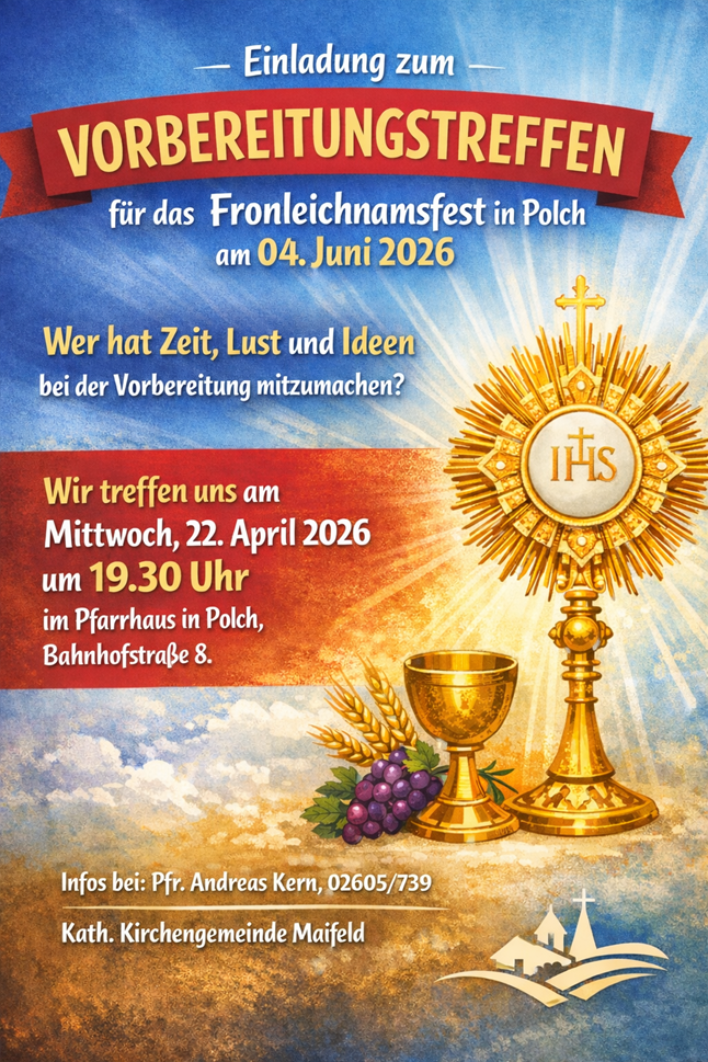 Man sieht rechts eine Monstranz und eine Kelch mit blauen Trauben auf gelb-Blauem Hintergrund (c) Katholische Kirchengemeinde Maifeld (KI generiert) Man sieht rechts eine Monstranz und eine Kelch mit blauen Trauben auf gelb-Blauem Hintergrund