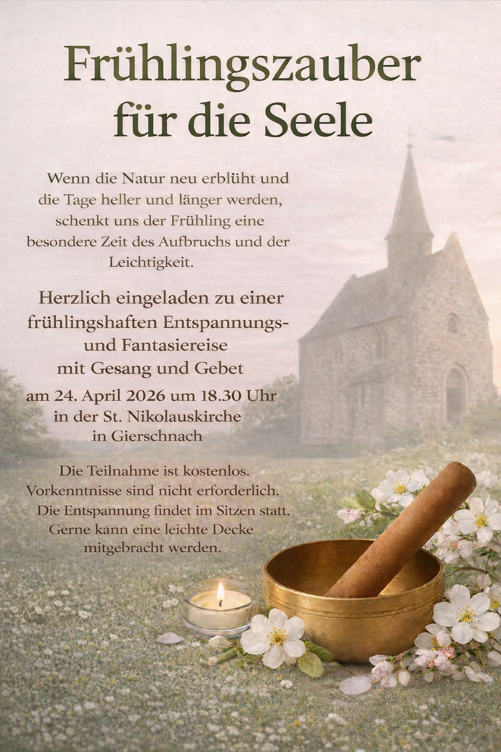 Man sieht im Hintergrund die Kirche in Gierschnach im Nebel, davor eine Klangschale auf Blumen gebettet, mit der Einladung zum Frühlingszauber am 24.04.2026 in der Kirche