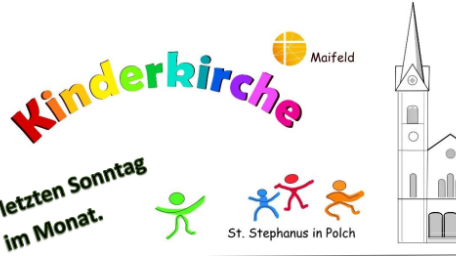 Man sieht den Briefkopf der Kinderkirche mit buntem Schriftzug und rechts der Kirche Polch