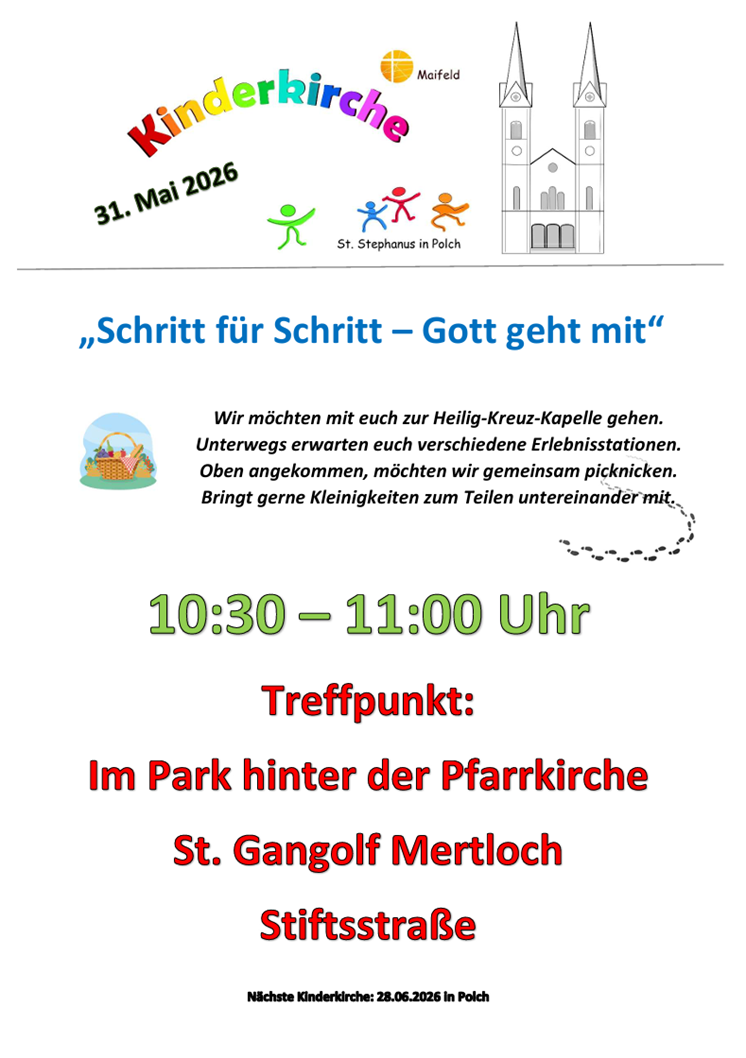 Man sieht die Einladung zur Kinderkirche im Mai 2026 mit dem bunten Schriftzug 'Kinderkirche' links und der stilisiert abgebildeten Polcher Kirchenansicht (c) Kinderkirchenkreis der Kath. Kirchengemeinde Maifeld Man sieht die Einladung zur Kinderkirche im Mai 2026 mit dem bunten Schriftzug 'Kinderkirche' links und der stilisiert abgebildeten Polcher Kirchenansicht