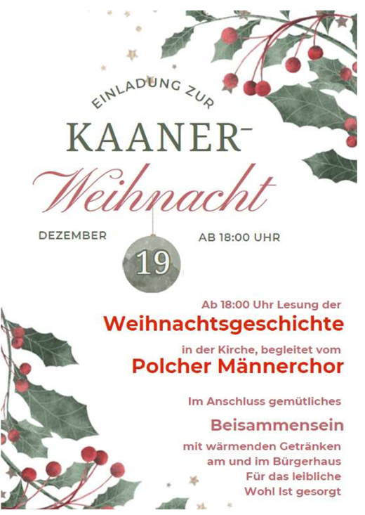 Man sieht auf weißem Grund Ilex-Zweige mit roten Beeren, dazwischen die Einladung zur Kaaner Weihnacht am 19.12.25 um 18:00 Uhr