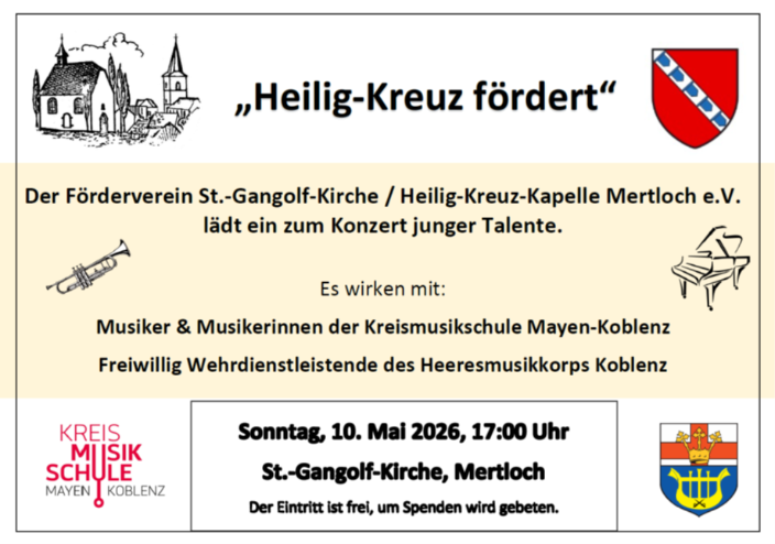 Man sieht die Einladung zum Konzert am 10.05.26 in der St. Gangolf-Kirche mit Musikern der Musikschule Myk und dem Herresmusikkorps Koblenz