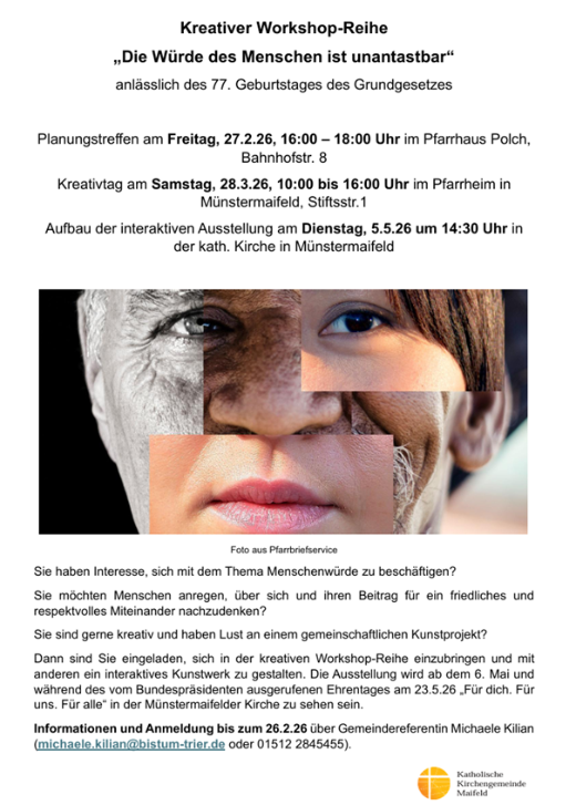 Man sieht die Einladung zu einen Treffen von kreativen Menschen am 27.02.26 - Unter der Leitung von Michaele Kilian (c) Pastoraler Raum Maifeld-Untermosel; M. Kilian Man sieht die Einladung zu einen Treffen von kreativen Menschen am 27.02.26 - Unter der Leitung von Michaele Kilian