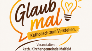 Es ist der Schriftzug Glaub Mal in einer gelben Gedankenblase mit einer strahlenden Glühbirne oben rechts zu sehen