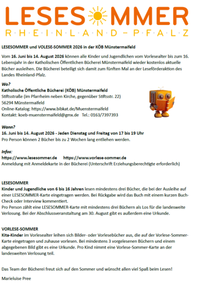 Man sieht die Einladung zum Lesesommer der KÖB Münstermaifeld (c) KÖB Münstermaifeld Man sieht die Einladung zum Lesesommer der KÖB Münstermaifeld