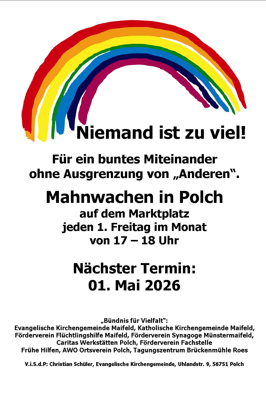 Man sieht die Einladung zur Mahnwache im Mai 2026 (c) Evangelische Kirchengemeinde Polch Man sieht die Einladung zur Mahnwache im Mai 2026
