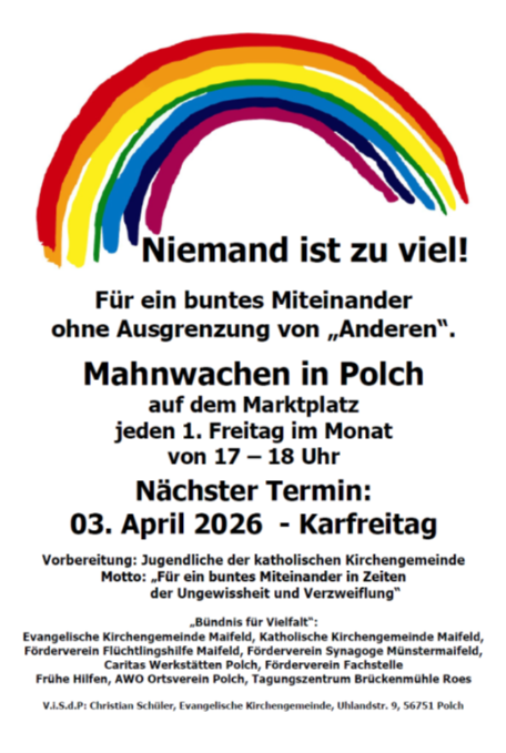 Man sieht einen bunten Regenbogen mit dem Schriftzug 'Niemand ist zuviel' mit der Einladung zur Mahnwache auf dem Marktplatz in Polch am 03.04.26