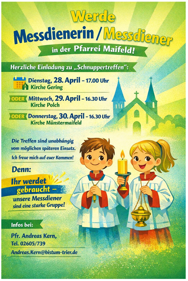 Man sieht die Einladung zum Mini-Schnuppertreffen der Kath. Pfarrei Maifeld (c) Katholische Kirchengemeinde Maifeld/Ki generiert Man sieht die Einladung zum Mini-Schnuppertreffen der Kath. Pfarrei Maifeld