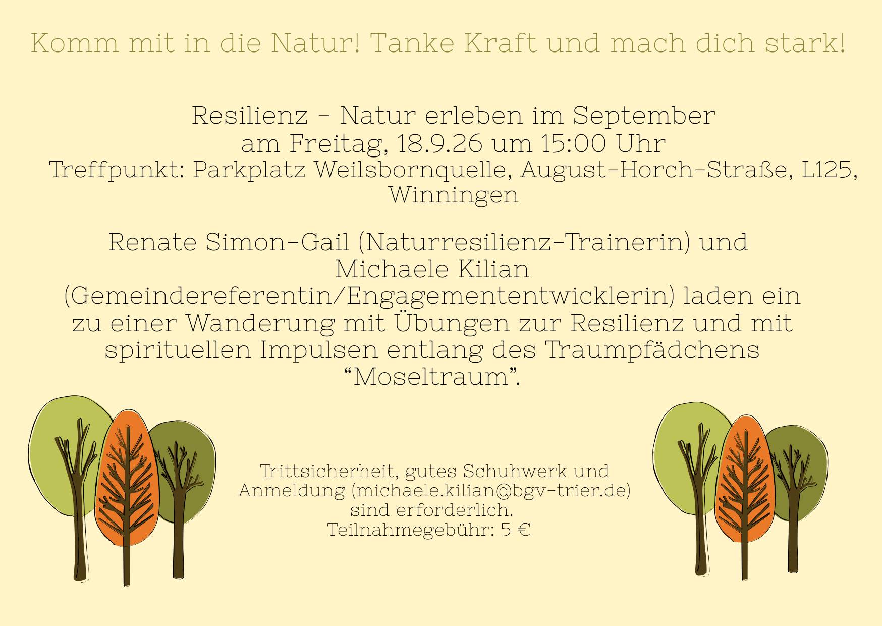 Man sieht eine Einladung auf gelbem Grund, rechts und links unten jeweils stilisierte Bäume, den Naturresilienz-Abend betreffend (c) Pastoraler Raum Maifeld-Untermosel Man sieht eine Einladung auf gelbem Grund, rechts und links unten jeweils stilisierte Bäume, den Naturresilienz-Abend betreffend