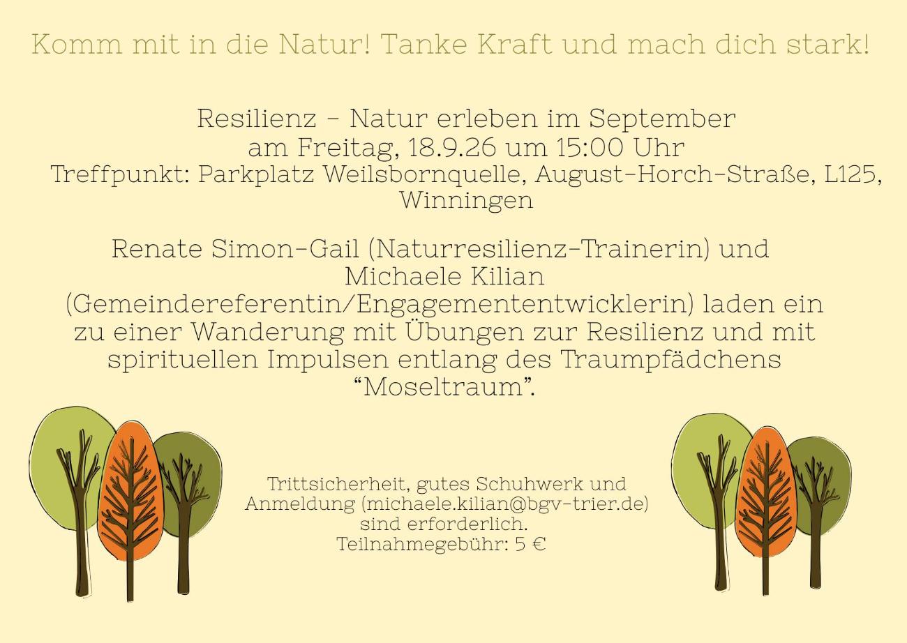 Man sieht eine Einladung auf gelbem Grund, rechts und links unten jeweils stilisierte Bäume, den Naturresilienz-Abend betreffend (c) Pastoraler Raum Maifeld-Untermosel Man sieht eine Einladung auf gelbem Grund, rechts und links unten jeweils stilisierte Bäume, den Naturresilienz-Abend betreffend