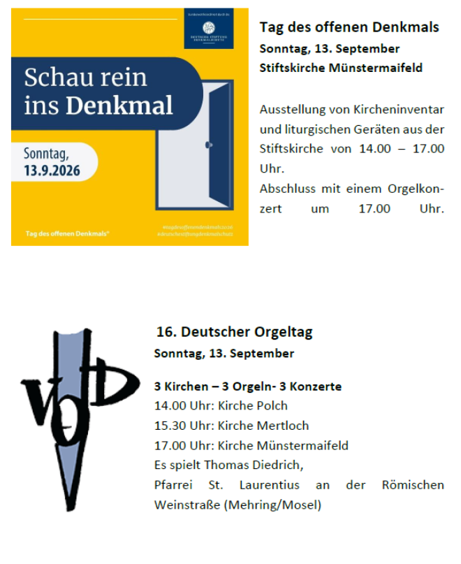 Man sieht die Einladungen zum 'Tag des offenen Denkmals' und zu Orgelkonzerten in der Pfarrei Maifeld am 13.09.2026 (c) Katholische Kirchengemeinde Maifeld Man sieht die Einladungen zum 'Tag des offenen Denkmals' und zu Orgelkonzerten in der Pfarrei Maifeld am 13.09.2026