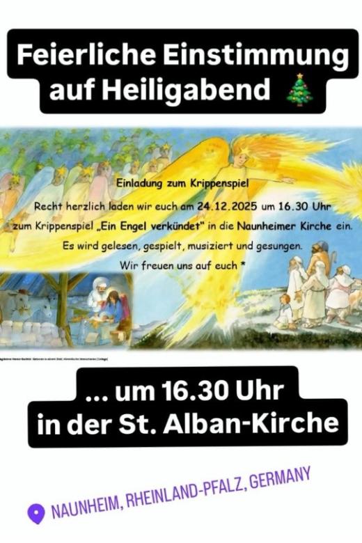 Man sieht eine Krippenszene auf blauem Hintergrund mit großem gelben Verkündigungsengel