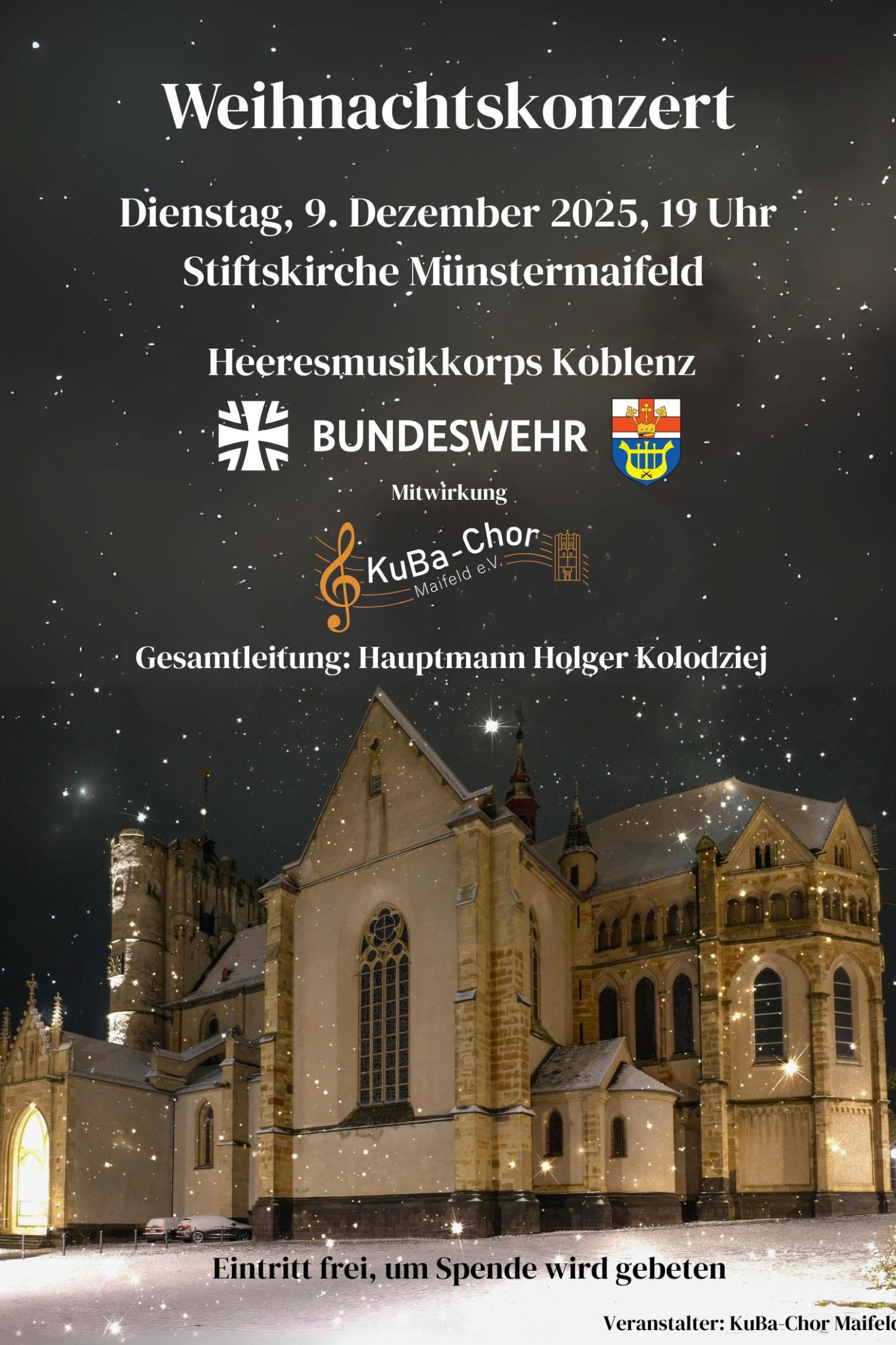 Man sieht die Einladung zum Konzert des KuBa-Chors am 09.12.2025 unter Mitwirkung des Heeresmusikcorps
