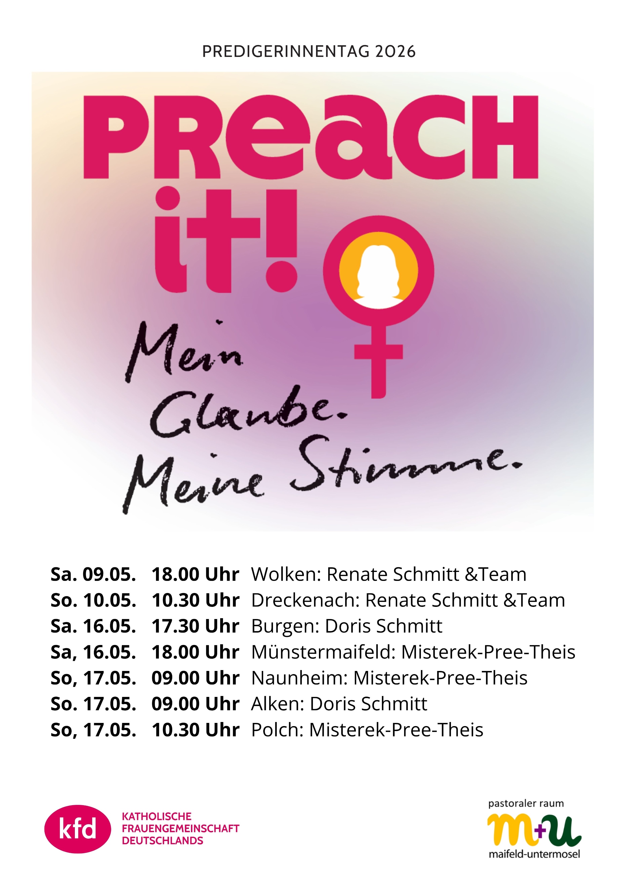 Man sieht den SChriftzug 'Preach it!' in magenta und darunter die verschiedenen Termine, an denen Frauen in den Kirchen des Pastoralen Raums Maifeld predigen werden (c) Pastoraler Raum Maifeld-Untermosel Man sieht den SChriftzug 'Preach it!' in magenta und darunter die verschiedenen Termine, an denen Frauen in den Kirchen des Pastoralen Raums Maifeld predigen werden