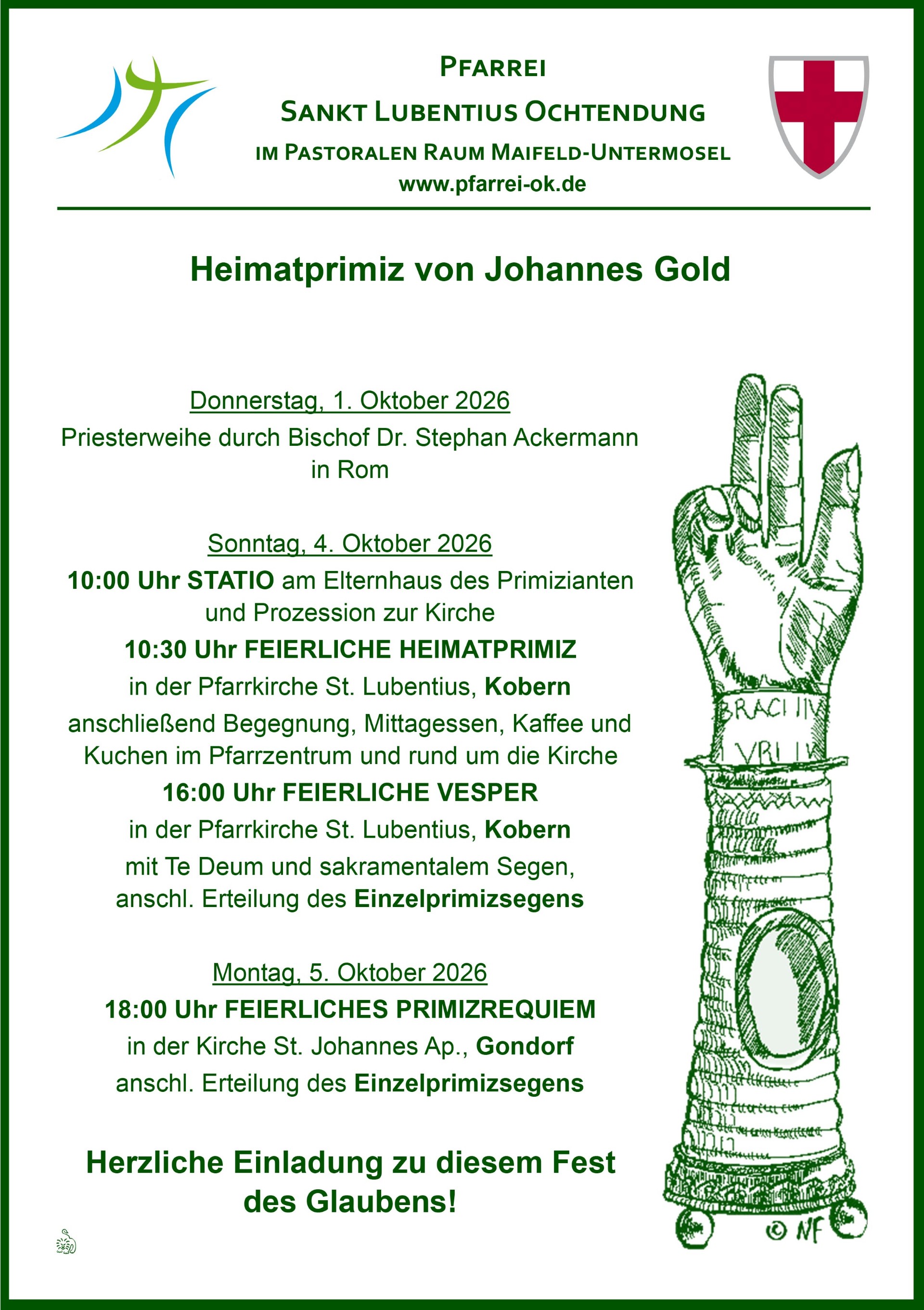 Man sieht die Einladung zu Primizmessen im Pastoralen Raum Maifeld Untermosel in grüner Schrift im Oktober 2026