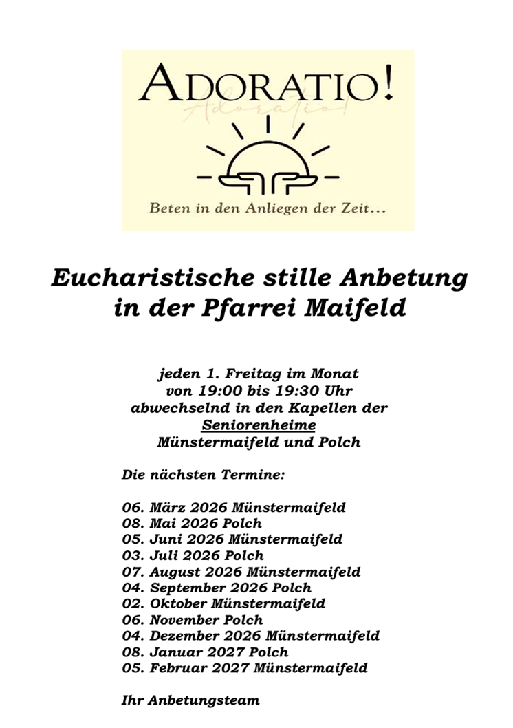 Man sieht das Logo 'Adoratio' mit den Terminen für die Stille Anbetung 2026/27 in der Pfarrei Maifeld (c) Vorbereitungskreis Stille Anbetung der Pfarrei Maifeld Man sieht das Logo 'Adoratio' mit den Terminen für die Stille Anbetung 2026/27 in der Pfarrei Maifeld