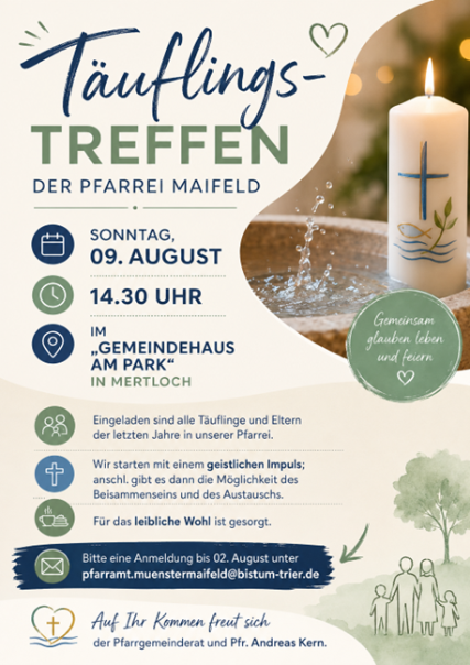 Man sieht die Einladung zum Täuflingstreffen am 09.08.26 in der Pfarrei Maifeld - rechts eine brennende Taufkerze