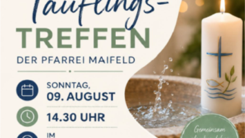 Man sieht die Einladung zum Träuflingstreffen am 09. August nach Mertloch, rechts im Bild eine schön gestaltete Taufkerze