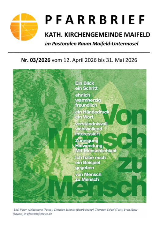 Man sieht die Titelseite des Pfarrbriefs Nr. 03_2026 der Kirchengemeinde Maifeld mit dem Grafitto 'Jesus lebt'