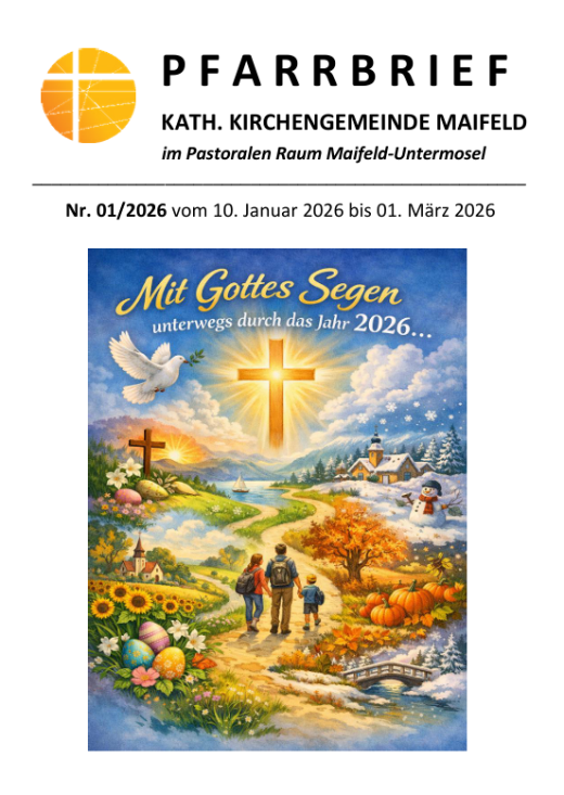 Man sieht eine bunt gestaltete Seite mit Elementen aus dem Kirchenjahr als Titelseite des Pfarrbriefs der Kath. Kirchengemeinde Maifeld