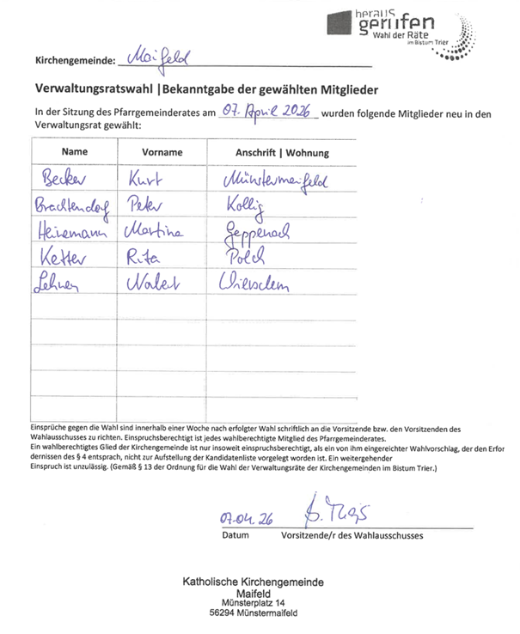 Man sieht eine Liste der neu-gewählten VR-Mitglieder der Katholischen Kirchengemeinde Maifeld (c) Katholische Kirchengemeinde Maifeld Man sieht eine Liste der neu-gewählten VR-Mitglieder der Katholischen Kirchengemeinde Maifeld