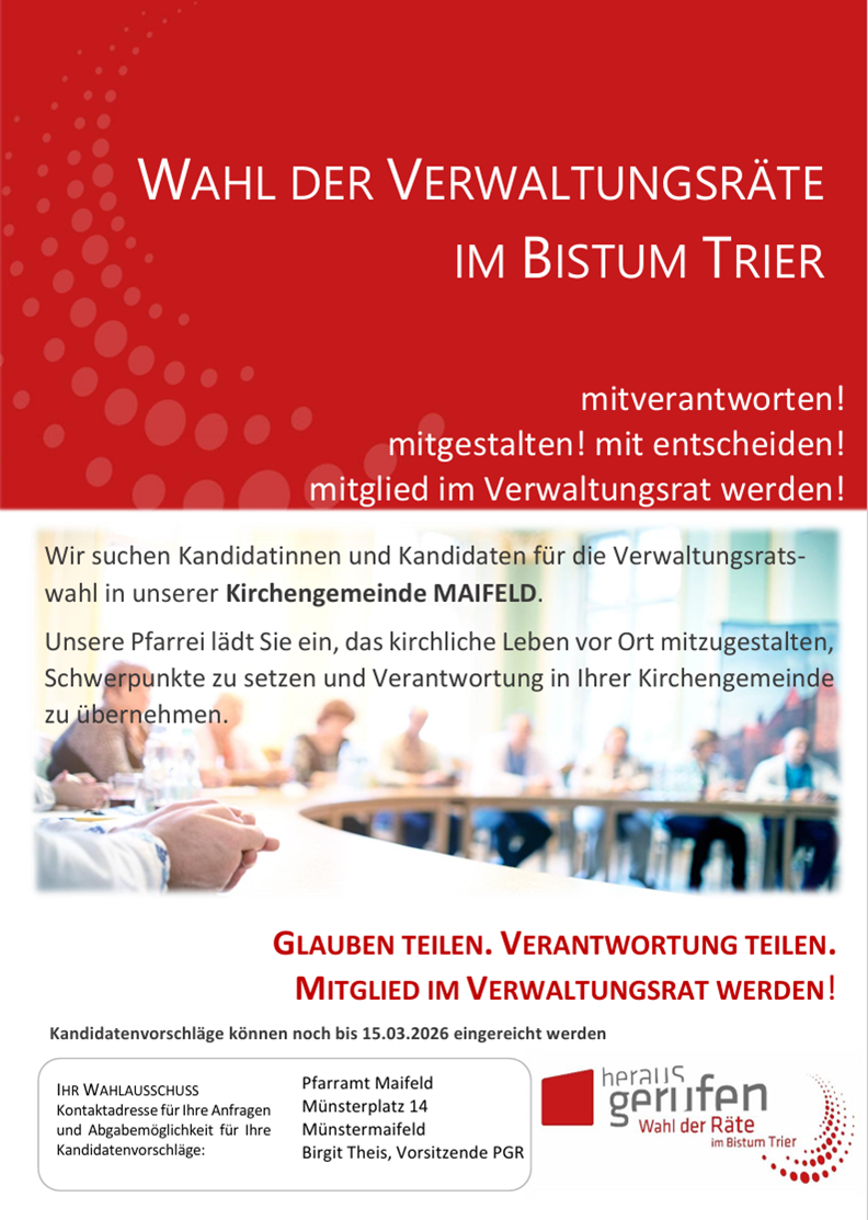 Man sieht das Plakat zur Wahl des VR in 2026 für die Pfarrei Maifeld (c) Katholische Kirchengemeinde Maifeld Man sieht das Plakat zur Wahl des VR in 2026 für die Pfarrei Maifeld