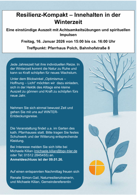 Man sieht die KI generierte Einladung zum Kurs Winter Resilienz am 16.01.2026 - auf blauem Grund