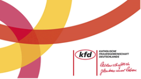 Man sieht das rot-gelbe Logo der kfd, rechts der Schriftzug 'leidenschaftlich glauben und leben'