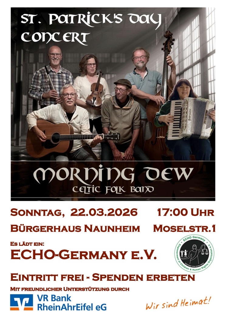 Man sieht die Einladung zum Benefizkonzert der Gruppe 'Morning Dew' ins Bürgerhaus nach Naunheim am 22.03.2026 - mit Foto des Band und Instrumenten (c) ECHO Germany und Morning Dew Man sieht die Einladung zum Benefizkonzert der Gruppe 'Morning Dew' ins Bürgerhaus nach Naunheim am 22.03.2026 - mit Foto des Band und Instrumenten